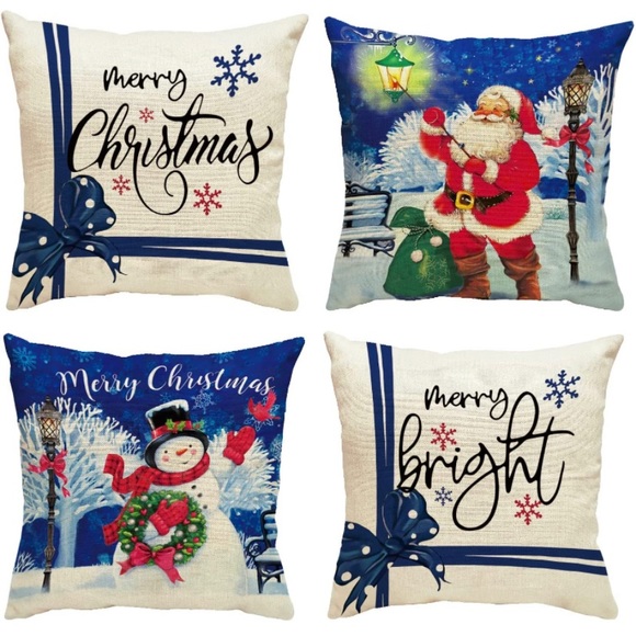 Christmas Throw Linen Pillow Covers 18x18 Inch Set of 4, Winter Merry Christmas - Picture 1 of 8